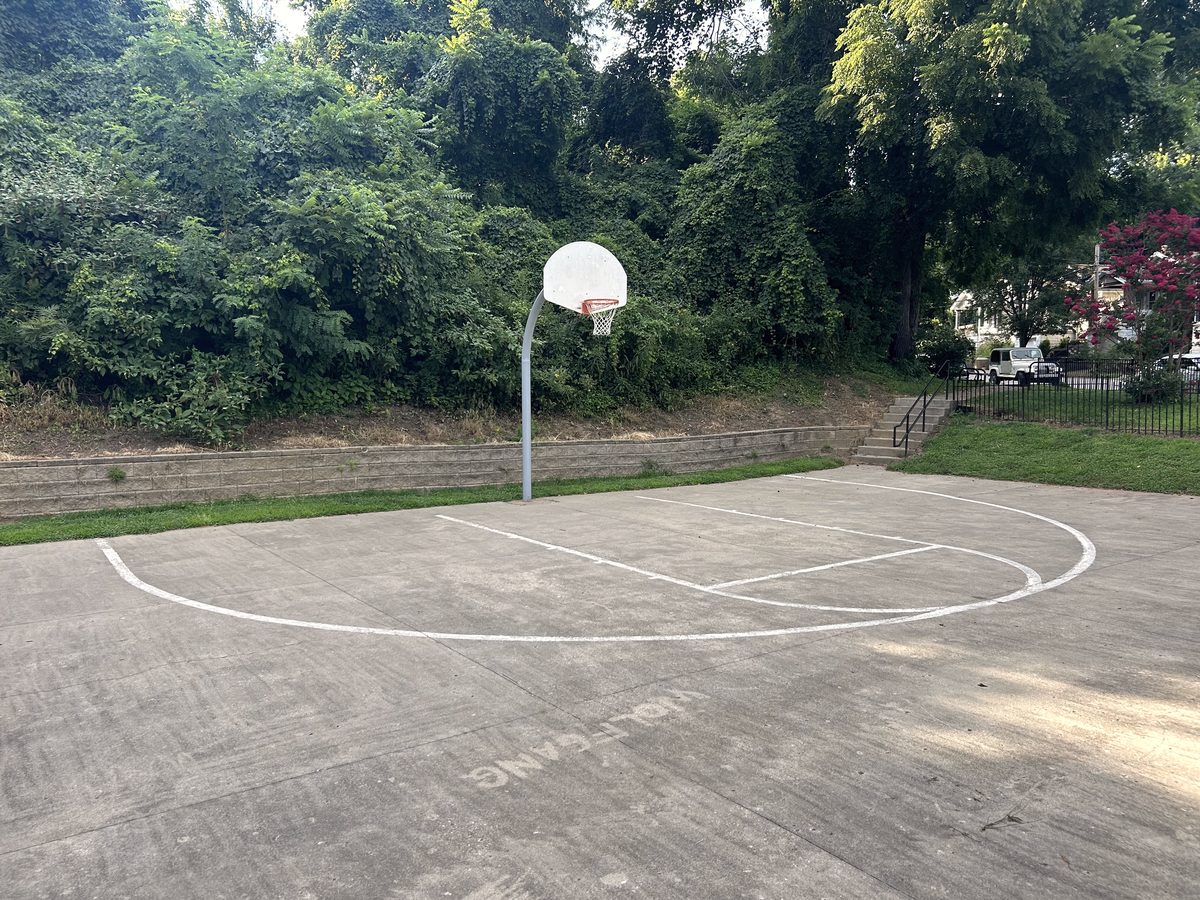 Concrete court and hoop backed by a wooded hillside at Swope
